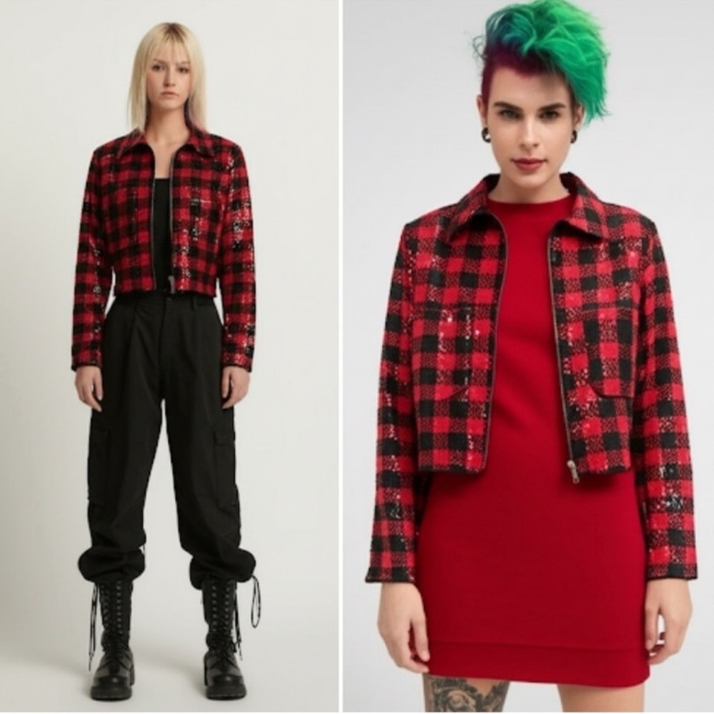 Vintage Red and Black Plaid Cropped Jacket